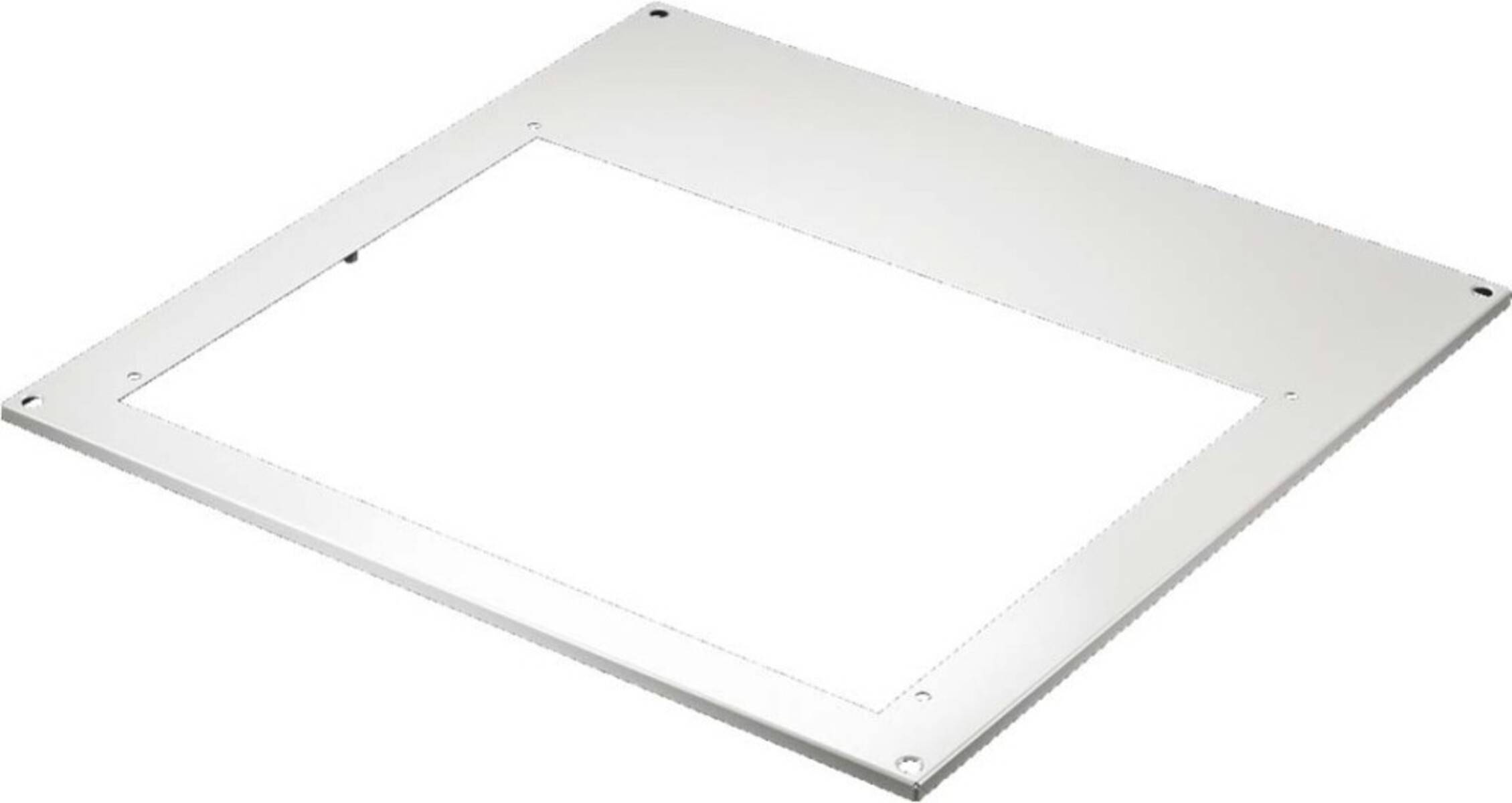 Eine weiße Metallmontagehalterung mit vier Ecklöchern für Schrauben, die zur Befestigung oder Anbringung von Ausrüstung verwendet wird.