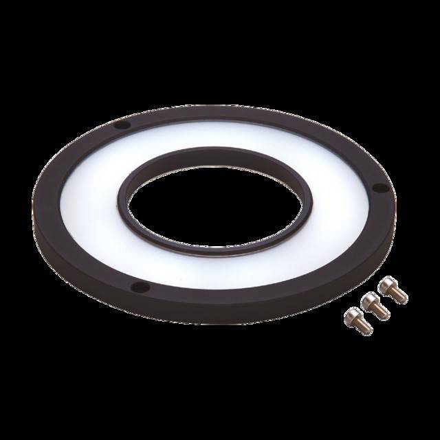 Runde LED-Ringbeleuchtung mit einem dunklen äußeren Rahmen und einem inneren Ring, zusammen mit drei Befestigungsschrauben, verwendet für die Mikroskopbeleuchtung.