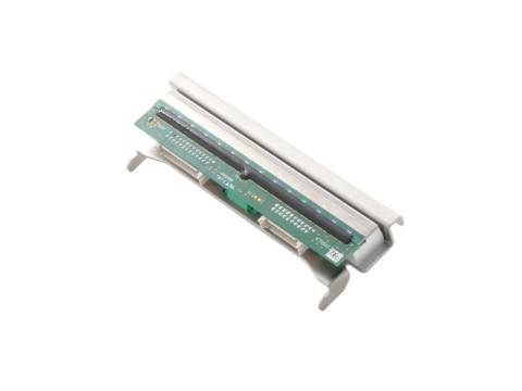Eine Thermaldrucker-Druckkopfbaugruppe mit einer Leiterplatte und einer Metallwalze auf weißem Hintergrund.