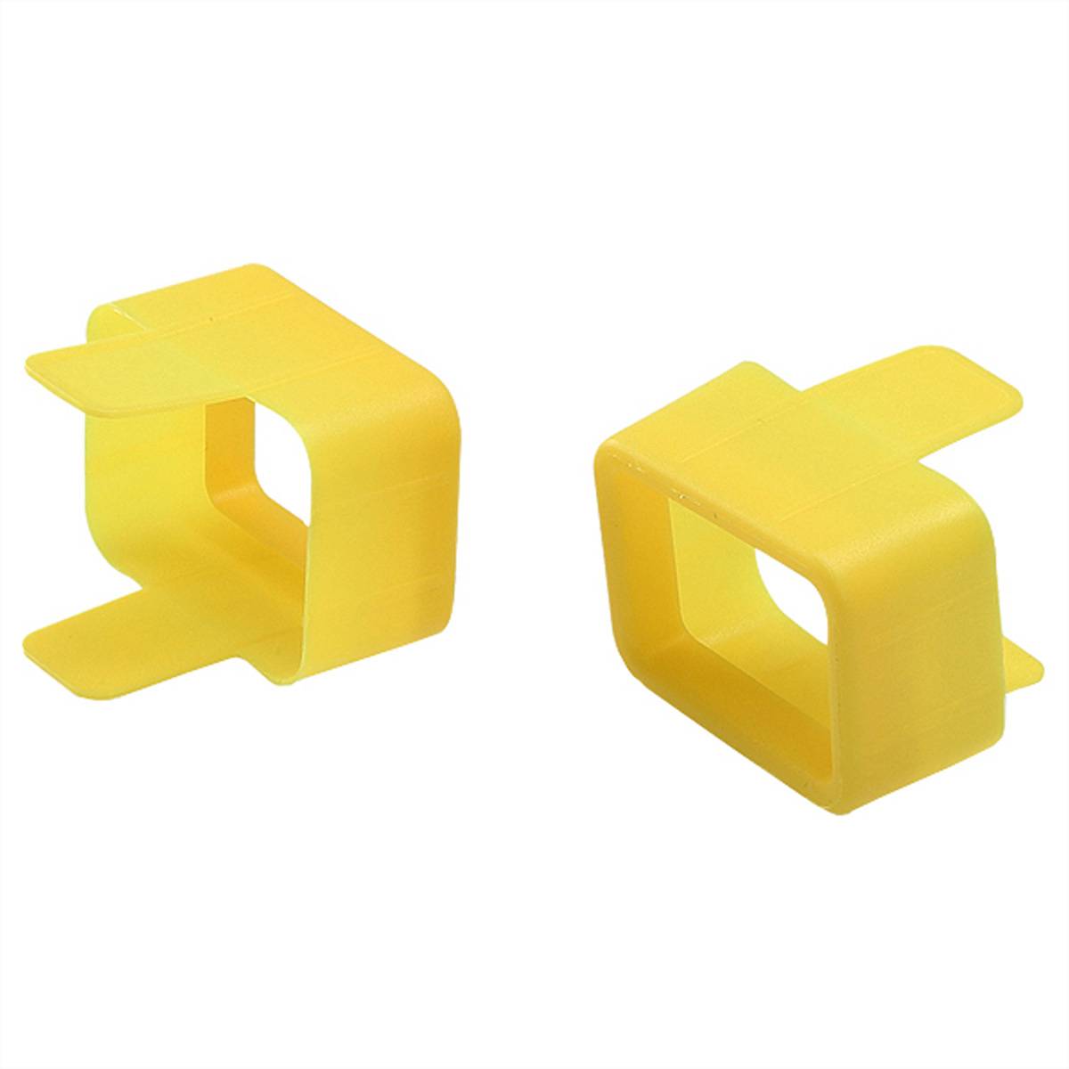 Zwei gelbe Kunststoff-C-Clips werden gezeigt, die zum Befestigen oder Sichern von Gegenständen verwendet werden. Sie stehen aufrecht auf einem weißen Hintergrund.