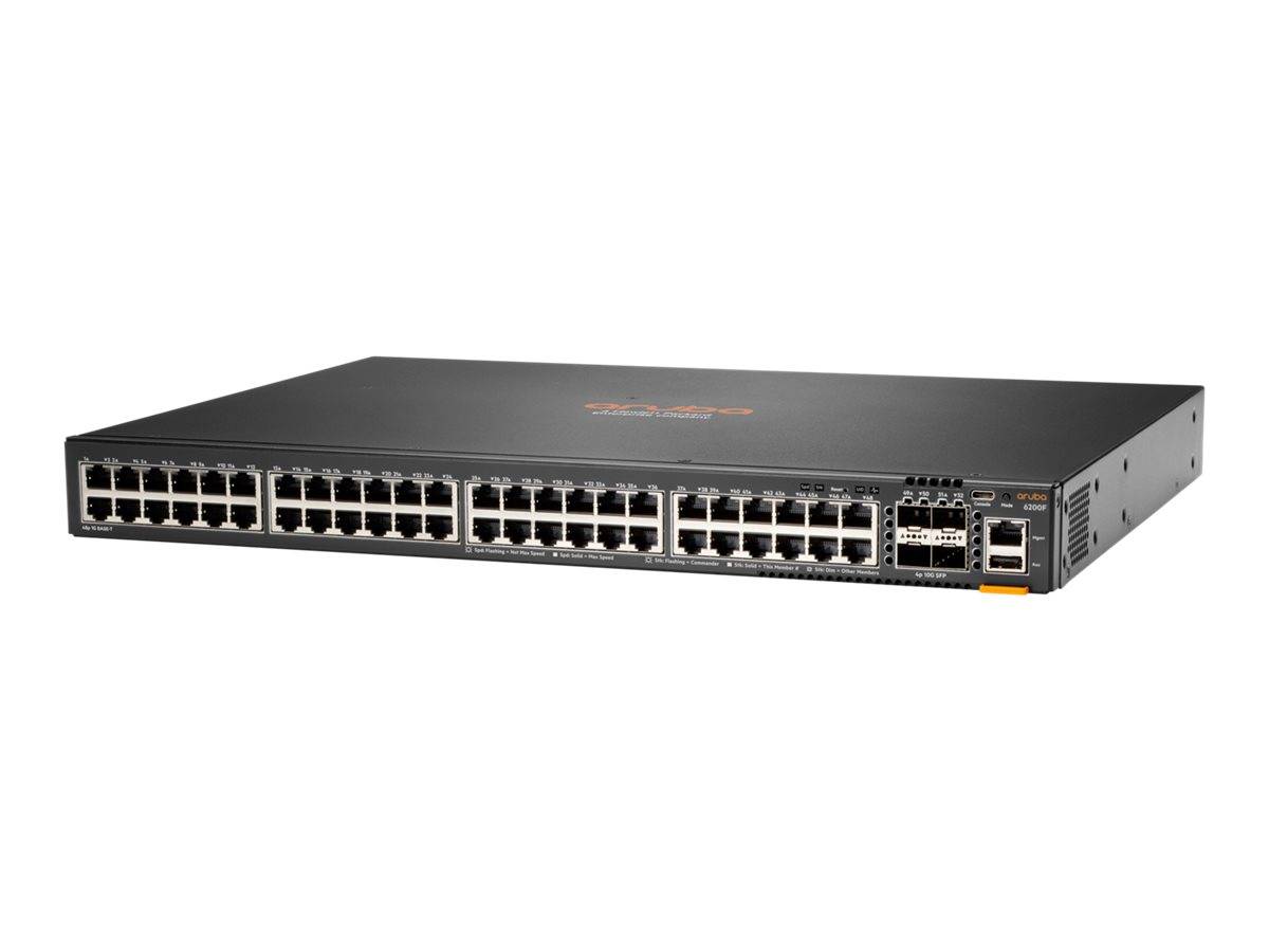 Vorderansicht eines rackmontierenbaren Netzwerk-Switches mit Dutzenden von Ethernet-Anschlüssen und einigen Uplink-Anschlüssen auf der rechten Seite.