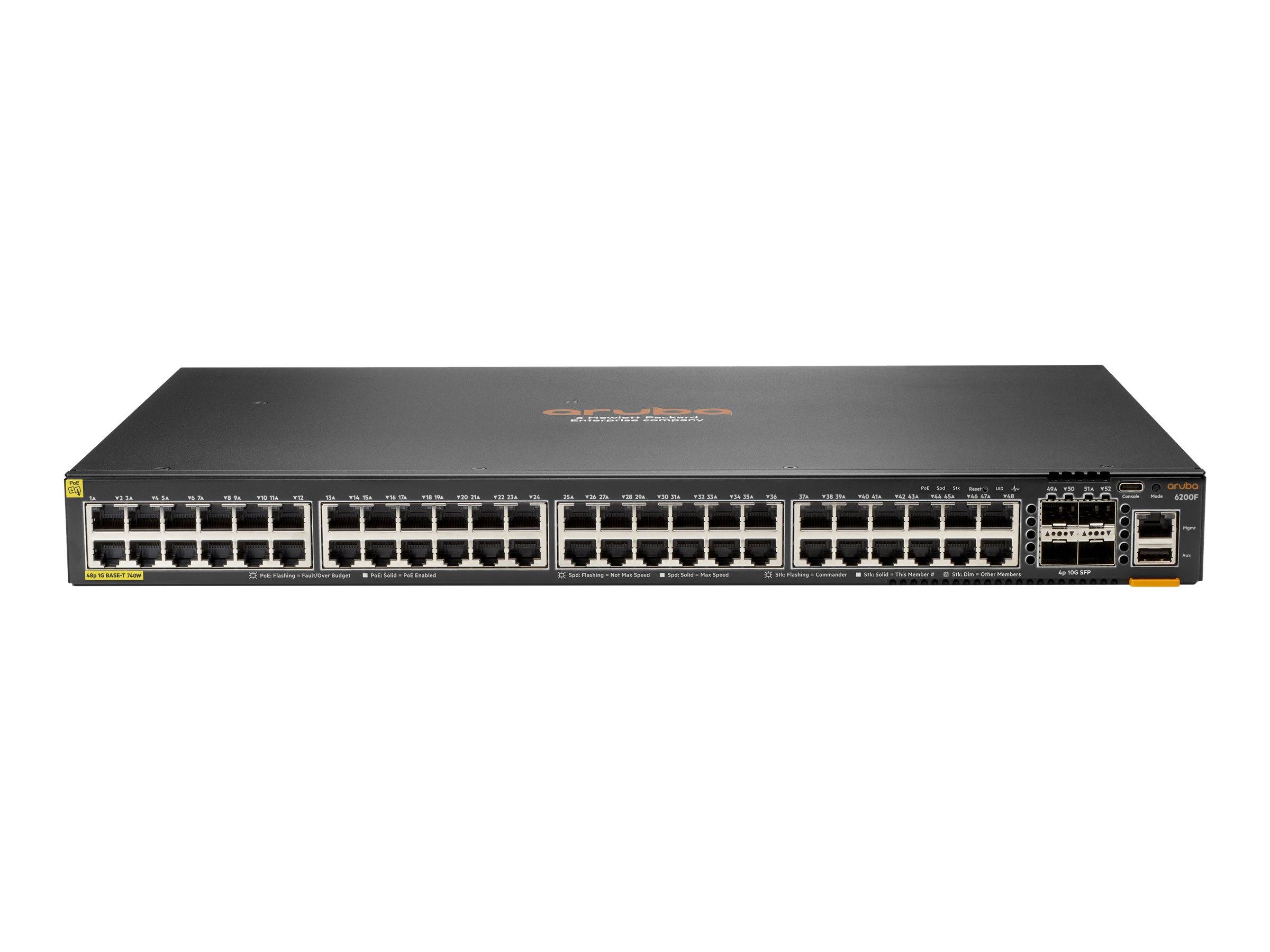 Vorderansicht eines schwarzen Ethernet-Netzwerk-Switches mit mehreren RJ45-Anschlüssen und einigen Uplink-Ports auf der rechten Seite.