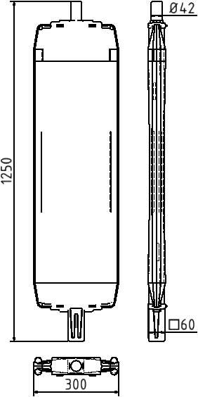 Technische Zeichnung eines rechteckigen Prismas, mit der Abmessung „1250