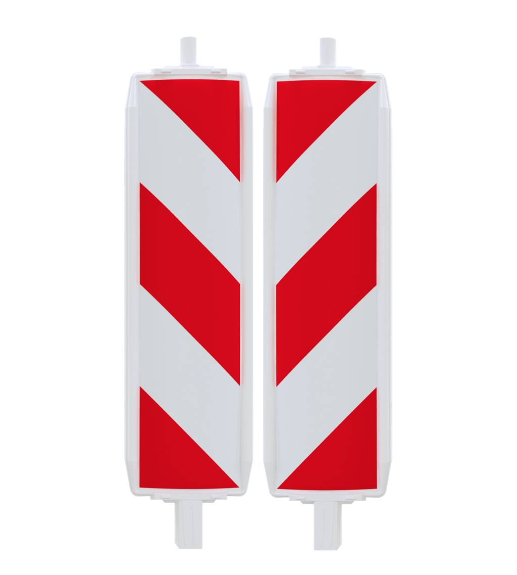 Zwei rot-weiß gestreifte Absperrpoller, nebeneinander aufgestellt, kennzeichnen eine Straßengefahr oder ein Baustellengebiet.