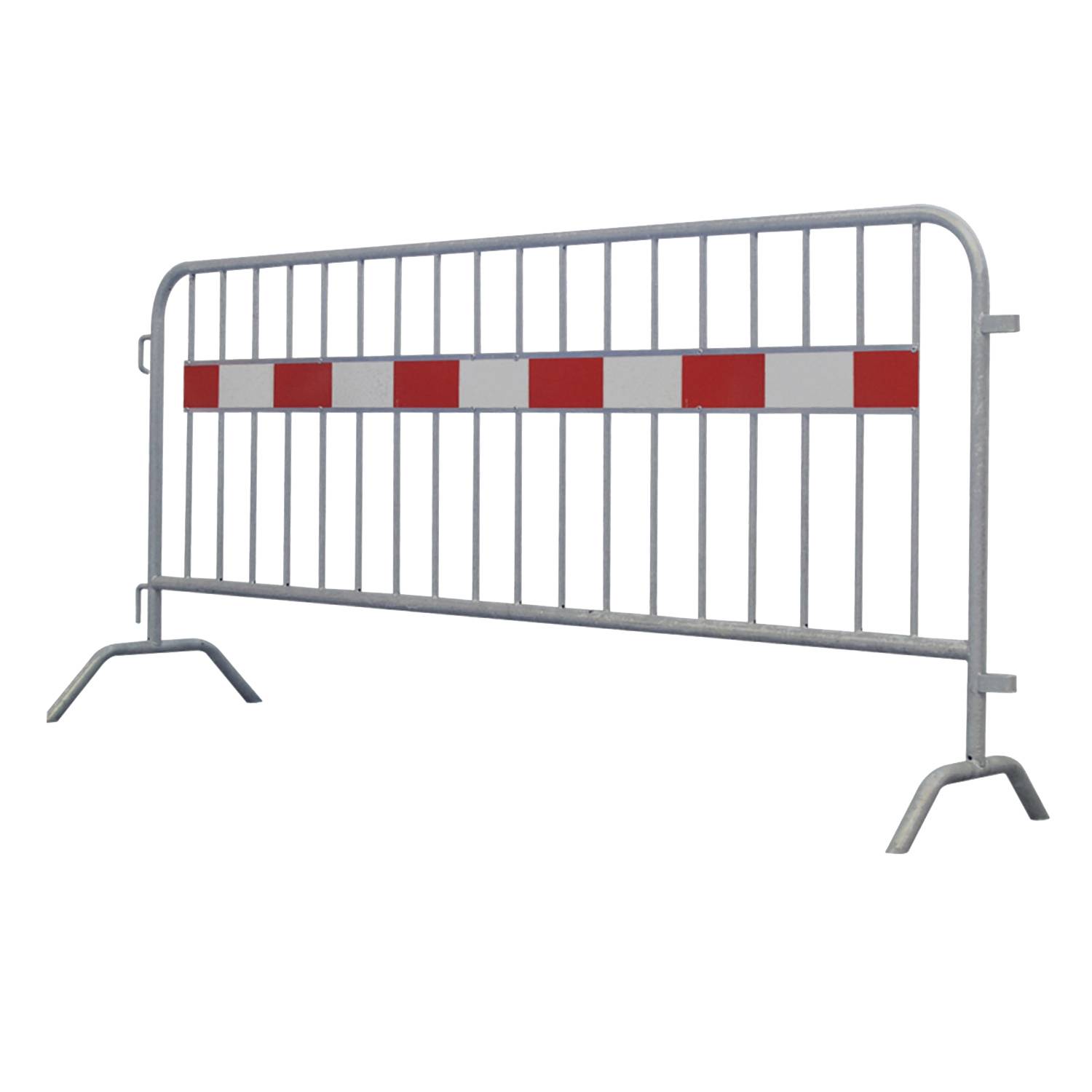 Eine Metallabsperrung mit rot-weißen Reflektorstreifen, die zur Menschenmengenkontrolle oder zum Blockieren des Zugangs zu Bereichen mit Zutrittsbeschränkung verwendet wird.
