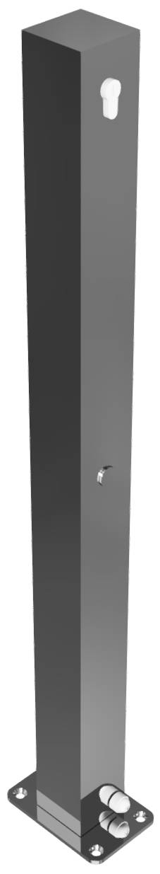 Schake 4070UZ Edelstahlpfosten 70 x 70 mm umlegbar, selbsteinrastende Verriegelung<br><br>für Dübelbefestigung, mit Bodenplatte 100 x 150 mm<br><br>