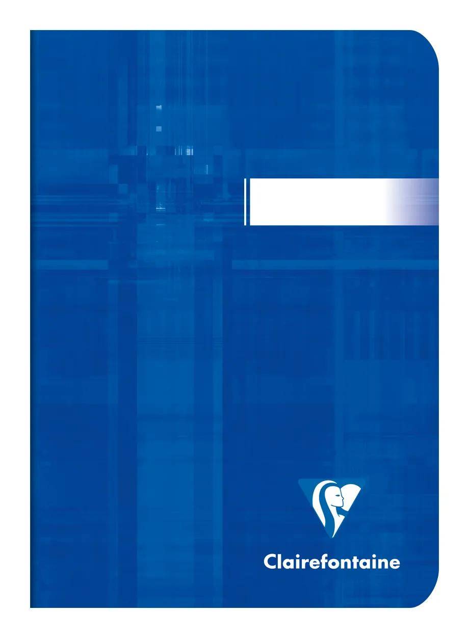 Blauer Clairefontaine-Notizbucheinband mit einem weißen horizontalen Etikettenstreifen und dem Clairefontaine-Logo in der Nähe des unteren Randes.