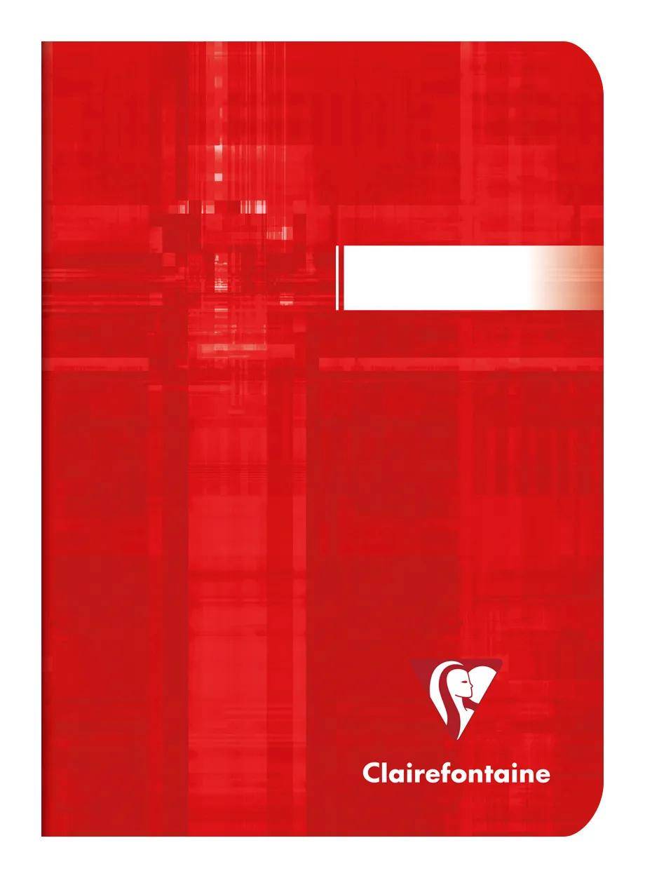 Rotes Clairefontaine-Notizbuch mit weißem Etikettenbereich und Markenlogo am unteren Ende.