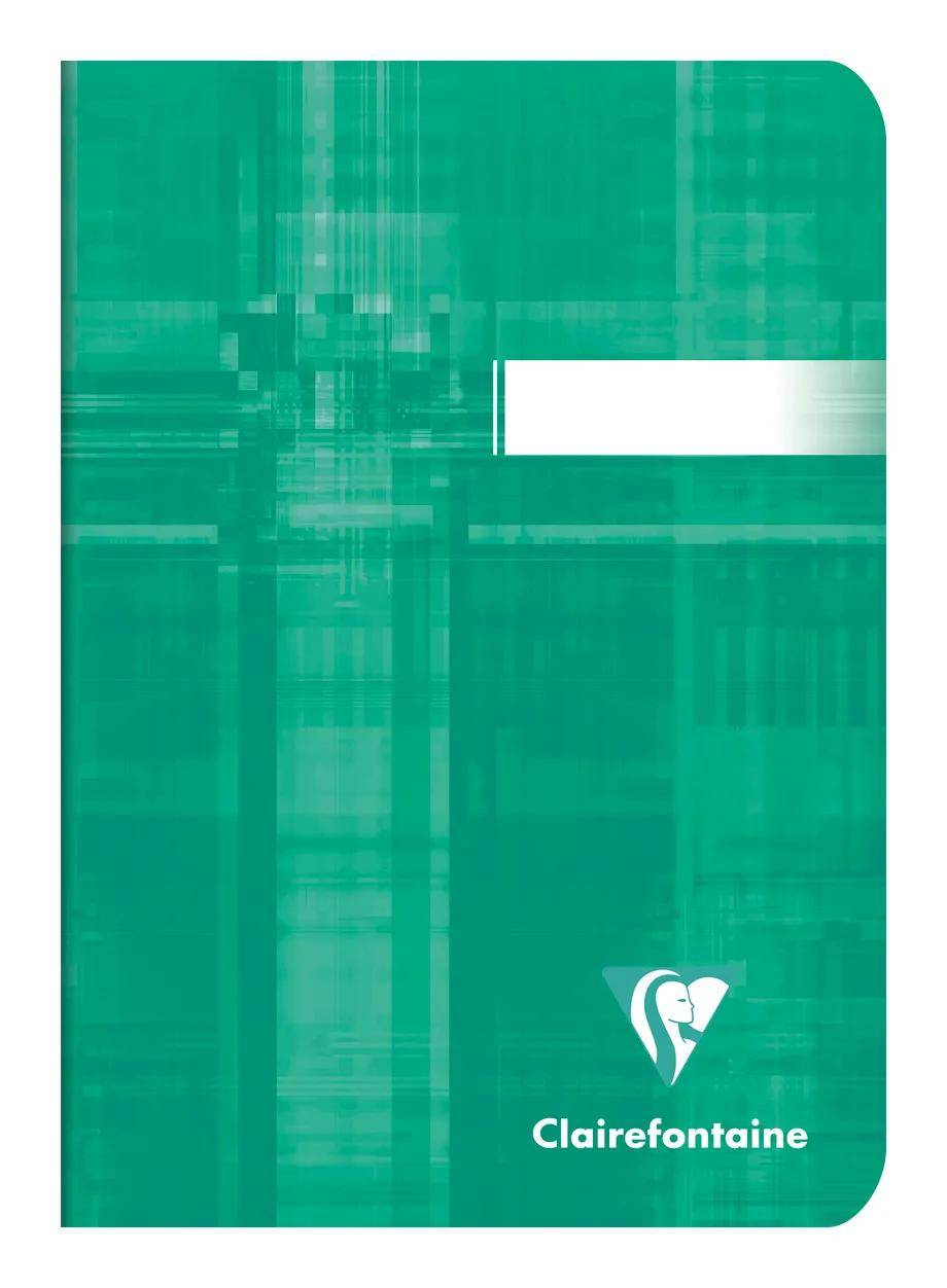 Grüner Clairefontaine-Notizbucheinband mit abstraktem strukturiertem Muster, weißem rechteckigem Etikettenbereich und Logo unten rechts.