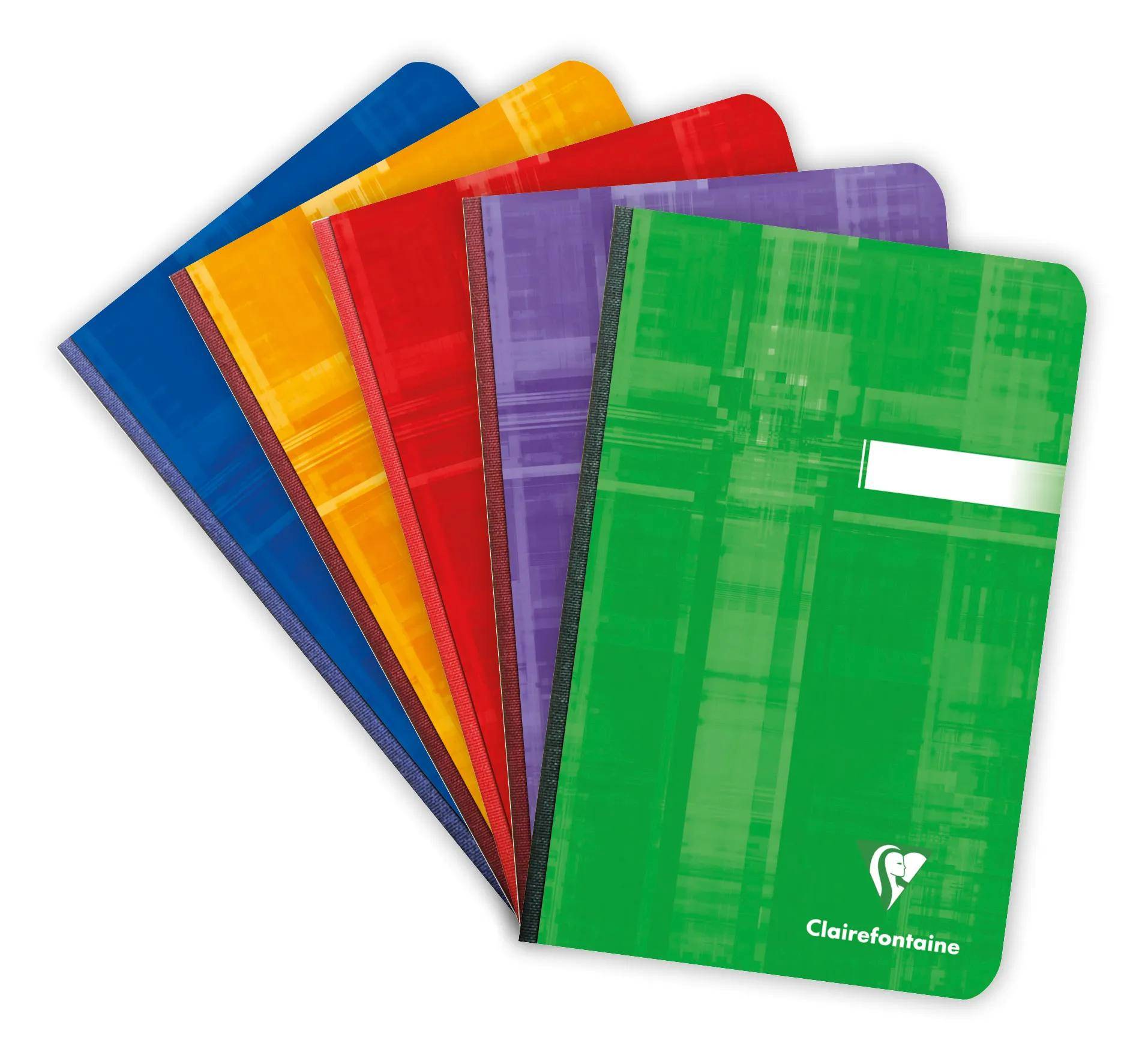 Fünf bunte Clairefontaine-Notizbücher fächerartig aufgereiht, die blaue, orangefarbene, rote, violette und grüne Umschläge zeigen.
