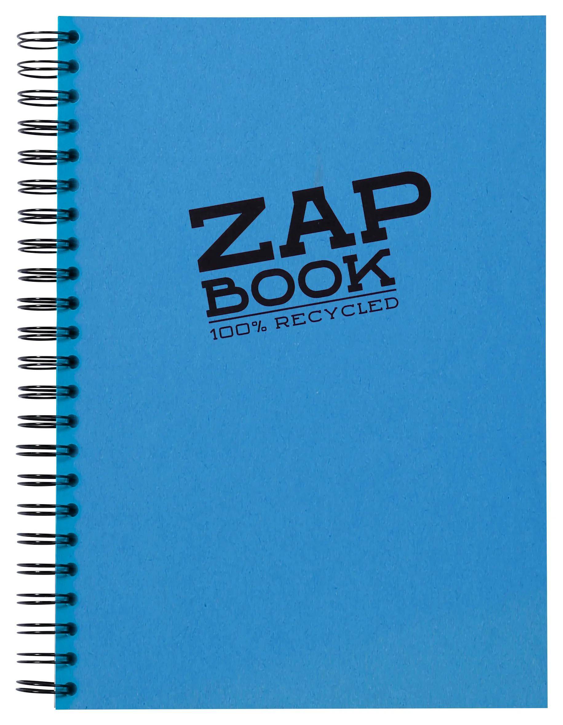 Blauer spiralgebundener Notizbuchangang mit schwarzem 'ZAP BOOK' Logo und Text '100% RECYCLED'.