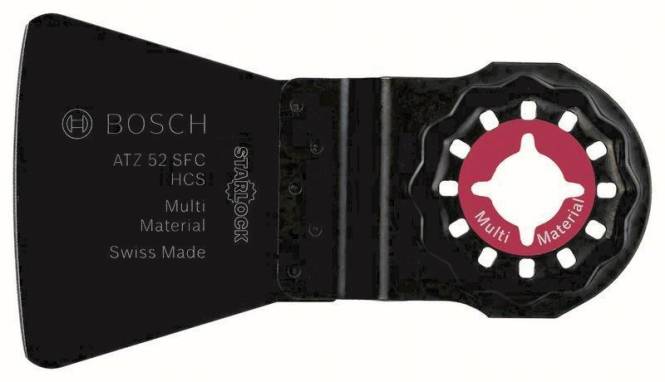 Das Bild zeigt eine Starlock-Sägeblatt mit der Bezeichnung „BOSCH 52 SFC HCS Multi Material Swiss Made