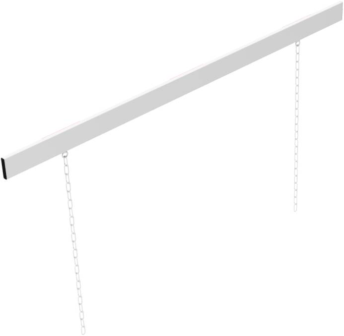 Ein horizontaler Balken wird in der Luft aufgehängt, gestützt von zwei vertikalen Ketten, die von beiden Enden herabhängen, vor einem schwarzen Hintergrund.