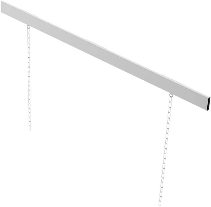 Ein langer, dünner Balken mit zwei daran hängenden Ketten vor schwarzem Hintergrund.