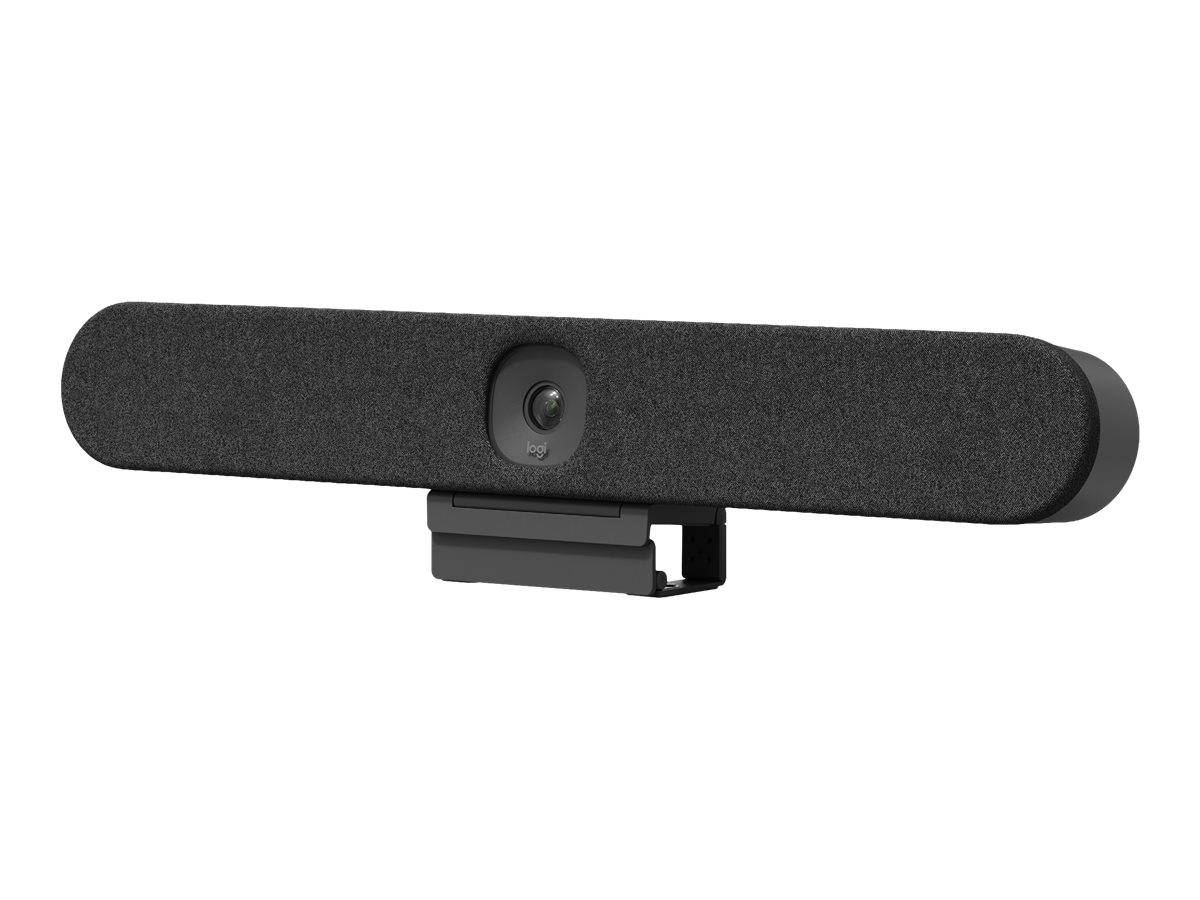 Eine schwarze Webcam mit breitem, balkenförmigem Gehäuse und zentral angebrachtem Objektiv, montiert auf einer Clip-Halterung vor weißem Hintergrund.