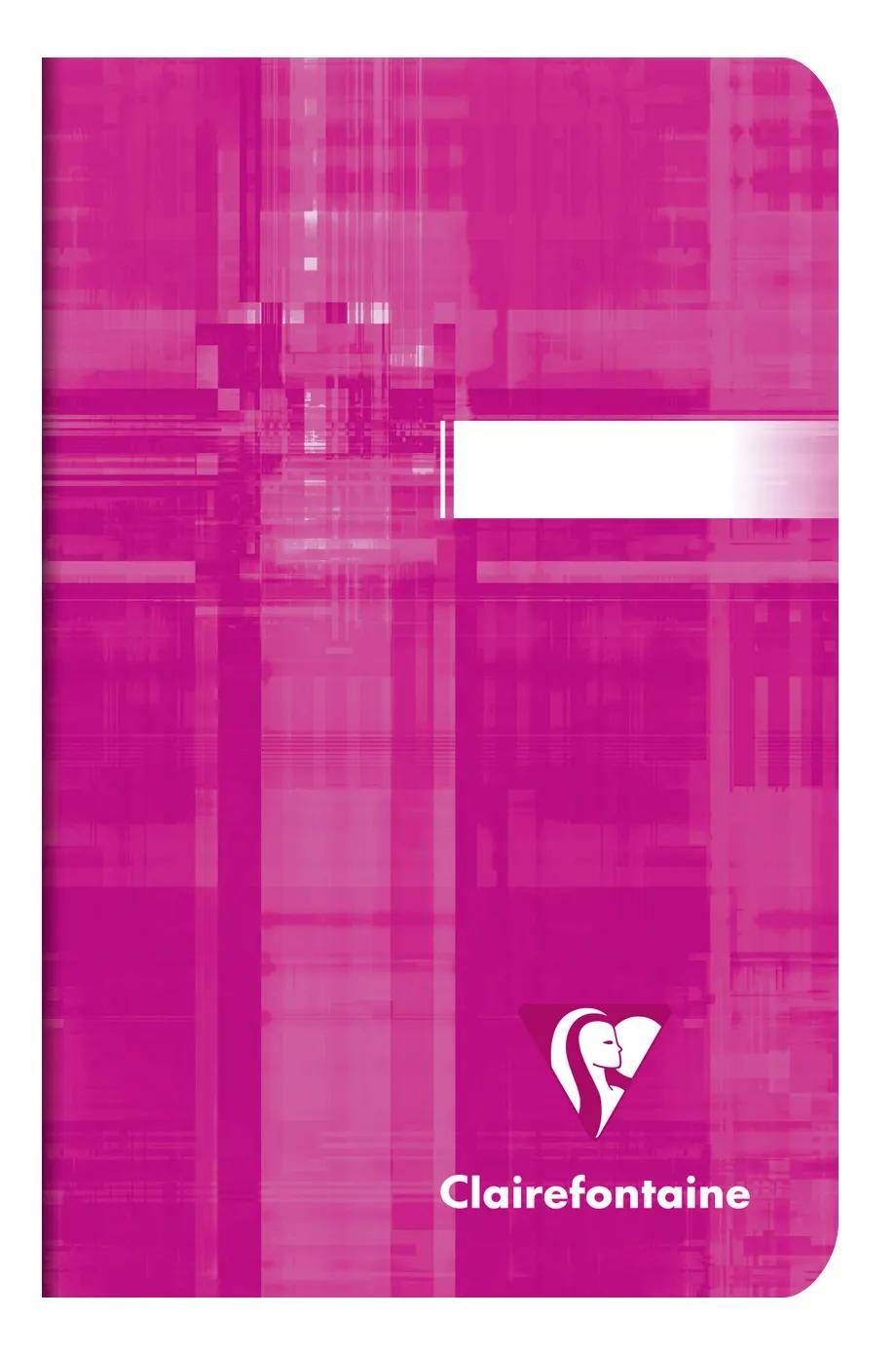 Rosa Clairefontaine-Notizbuchcover mit abstraktem geometrischen Muster, weißem Etikettenbereich und Logo am unteren Ende.