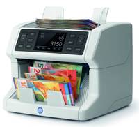 Eine Geldscheinzählmaschine mit digitaler Anzeige zeigt „310