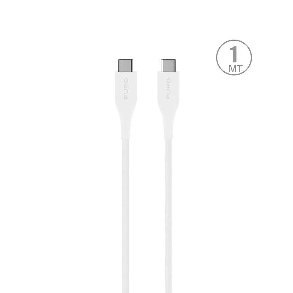 Ein weißes USB-C-auf-USB-C-Kabel, mit der Bezeichnung 1 Meter, vor einem einfachen Hintergrund.