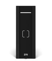 Schwarze 2N-Video-Türsprechanlage mit horizontalem Lautsprecherrechteck und zentralem Kamera- oder Tastbereich auf weißem Hintergrund.