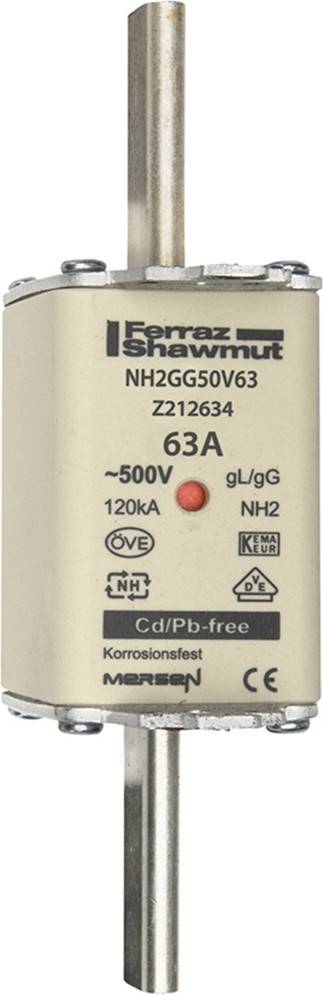 Sicherungsetikett 'Shawmut NH2GG50V63' mit Anzeige von '63A', '~500V', versehen mit Sicherheits- und Zertifizierungssymbolen, einschließlich VDE- und ÖVE-Logos.