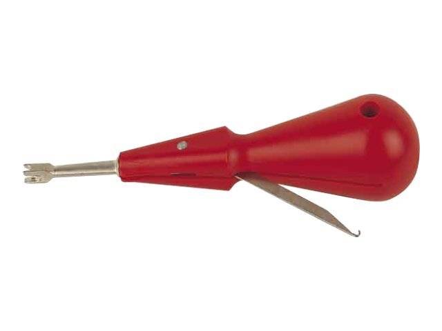 Rotes tragbares Drahtabisolierungswerkzeug mit Metallabisoli­erungskiefern und einem kleinen hakenförmigen Hebel auf weißem Hintergrund