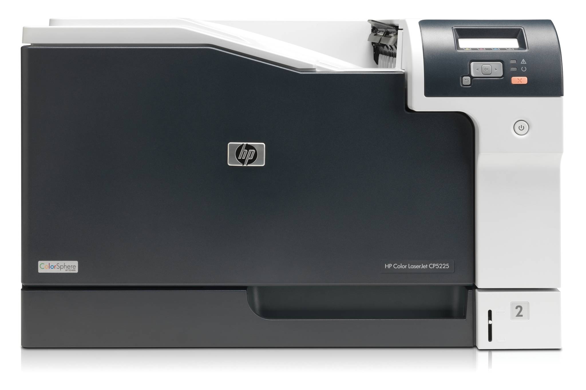 Frontansicht eines HP Color LaserJet CP5225 Druckers mit sichtbarem Bedienfeld und Papierfach