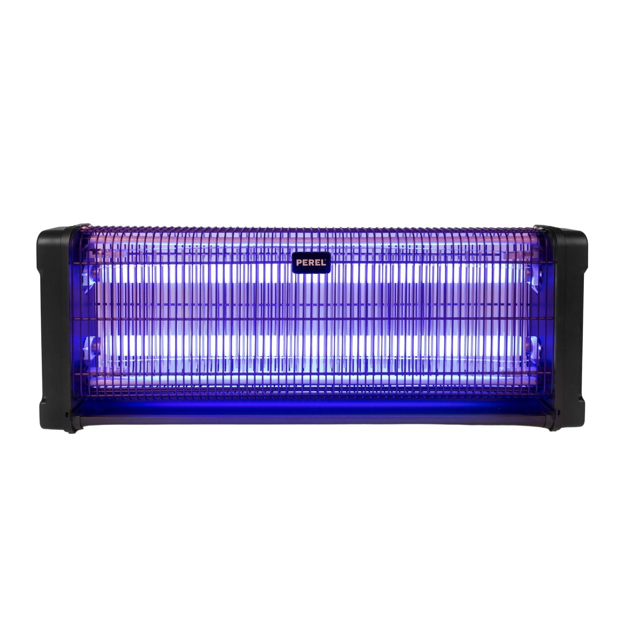 Blauer elektrischer Insektenvernichter mit violetten UV-Röhren und schwarzem Seitengehäuse, Vorderansicht auf weißem Hintergrund.