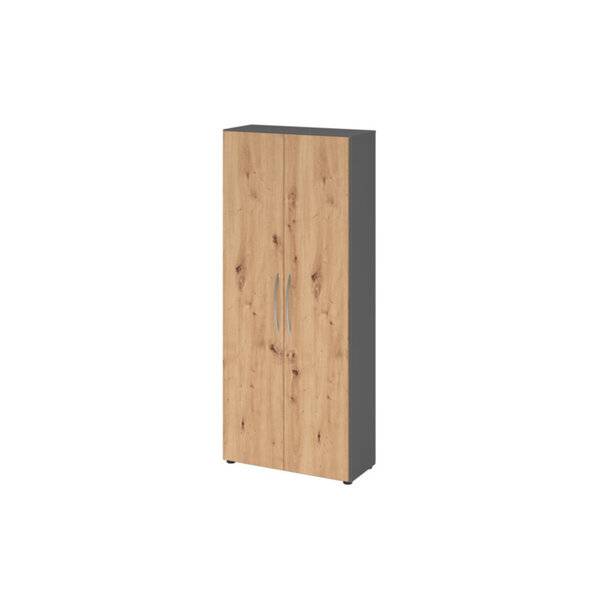 Holzschrank mit zwei Türen und grauen Seitenwänden auf weißem Hintergrund.