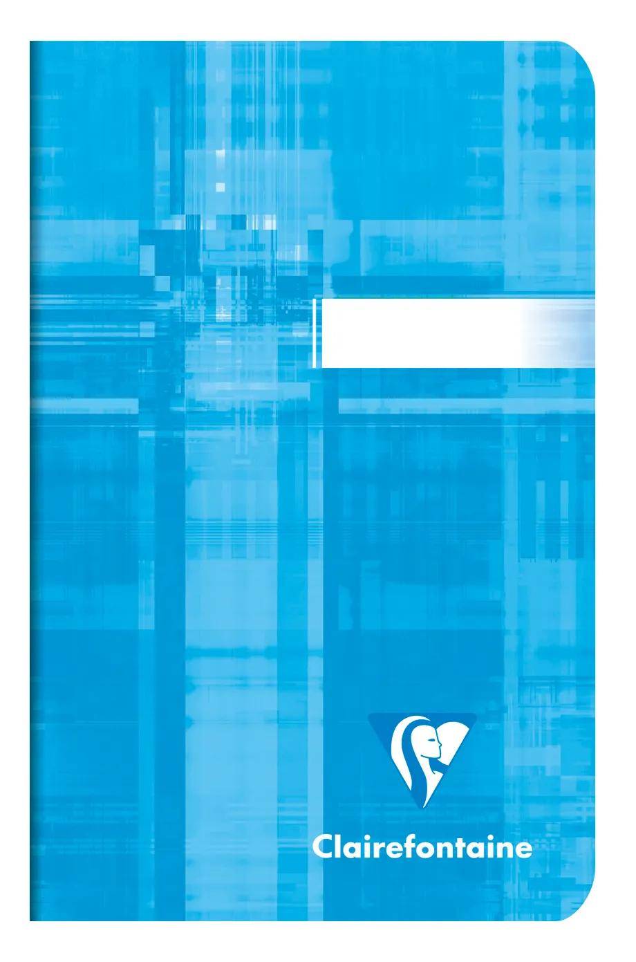 Blauer Clairefontaine-Notizbucheinband mit abstraktem geometrischem Muster und einem leeren weißen Etikettenbereich.