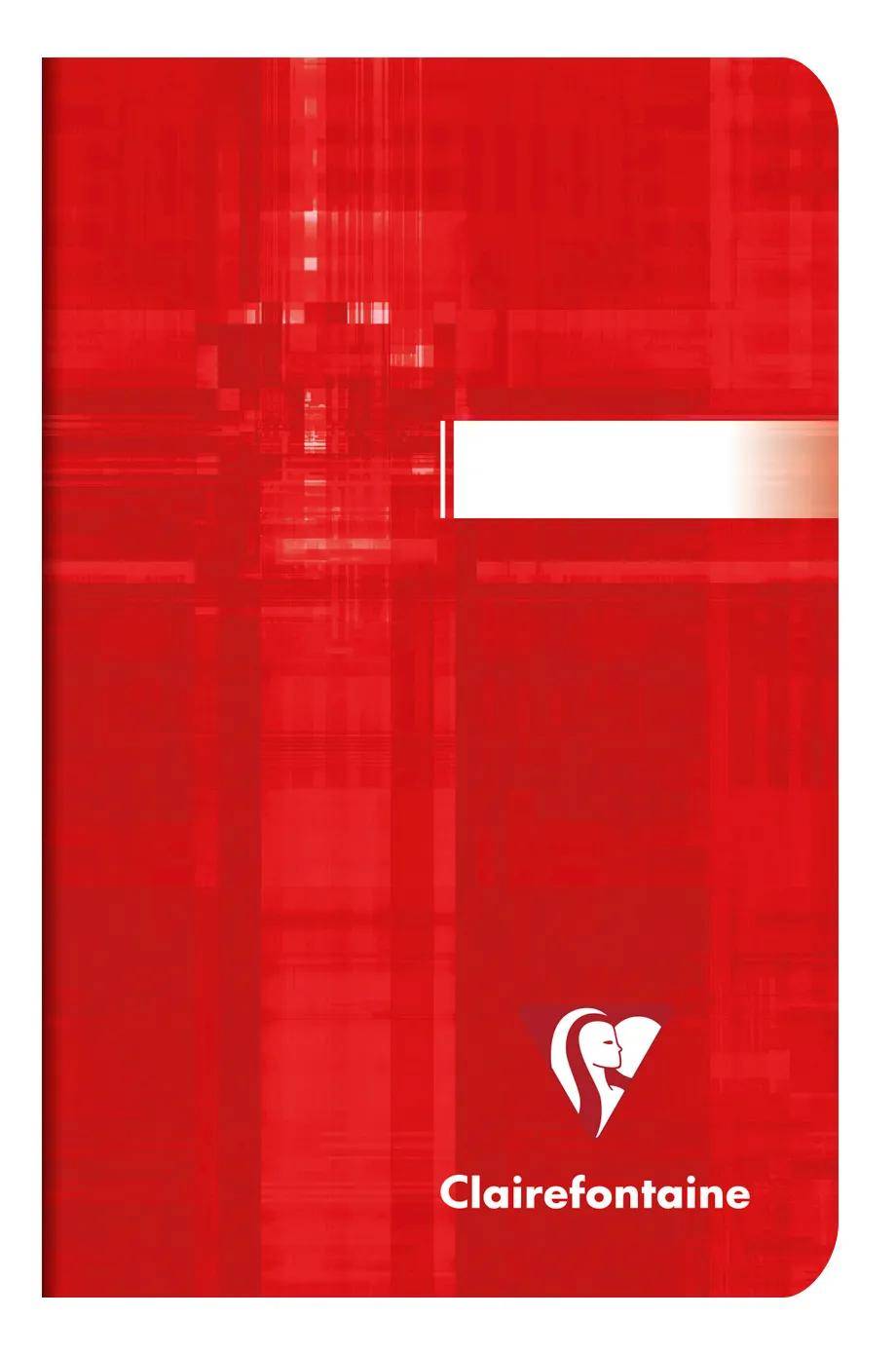Rotes Clairefontaine-Notizbuch mit weißem horizontalem Etikettenband und dem Clairefontaine-Logo in der Nähe des unteren Randes.