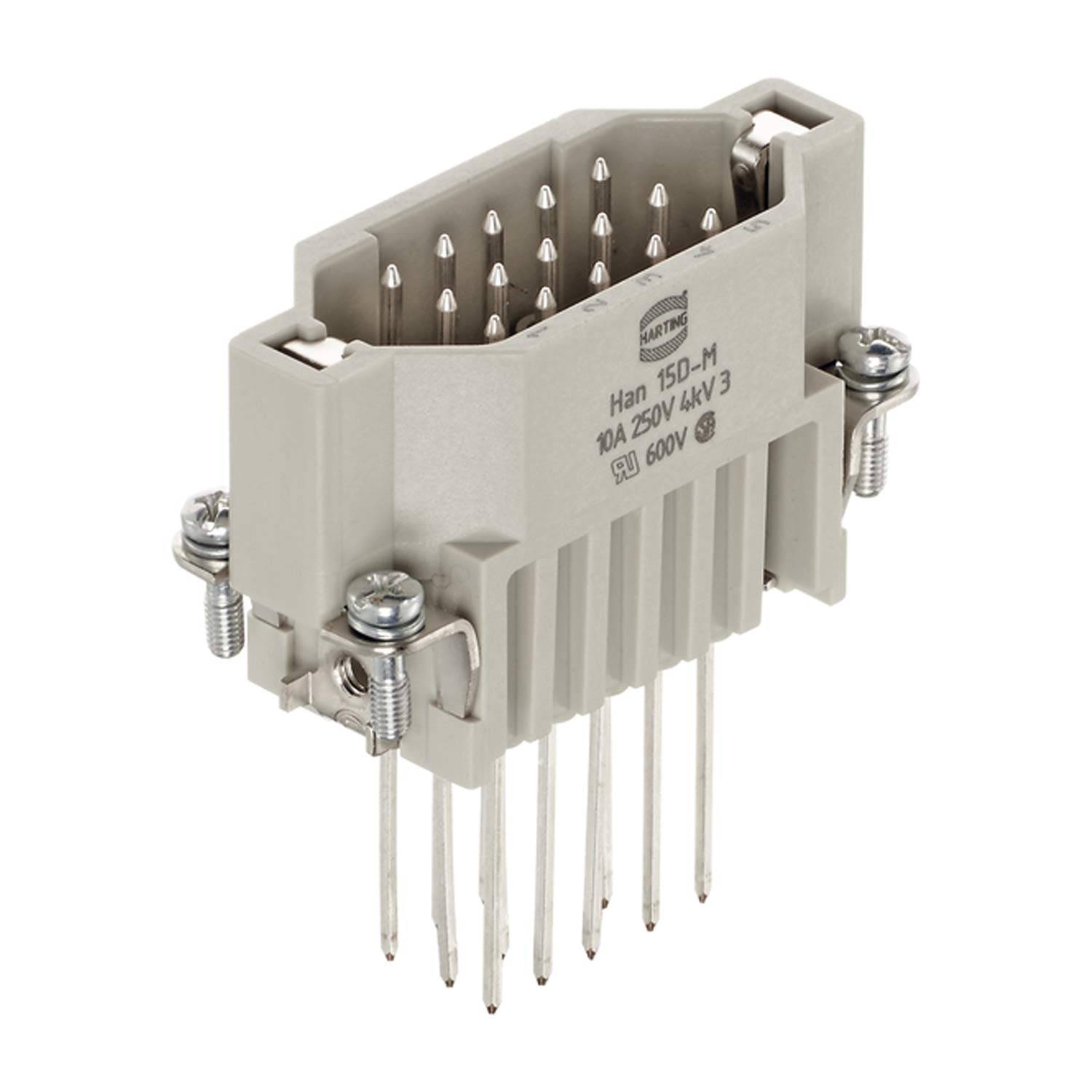 Ein rechteckiger beige elektrischer Verbinder mit mehreren Metallstiften und Schrauben, gekennzeichnet mit ‚Han 15D-M' und Spannungs- und Stromstärkenangaben.