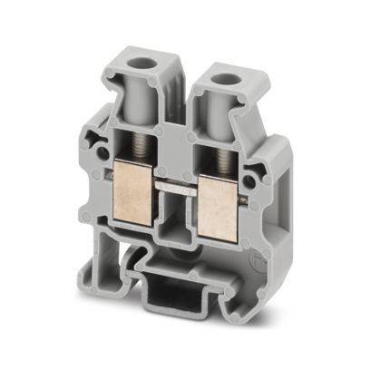 Ein graues Anschlussblock mit zwei vertikalen Schraubklemmen, das zum Befestigen von Elektrokabeln in industriellen oder elektrotechnischen Anwendungen verwendet wird.
