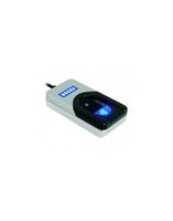 Kleiner USB-Fingerabdruckscanner mit leuchtend blauem Sensor auf weißem Hintergrund.