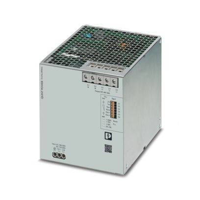 Eine Metallstromversorgungseinheit mit gemusterter Gitteroberfläche und gekennzeichneten Anschlüssen, die in industriellen Elektronikanwendungen verwendet wird.