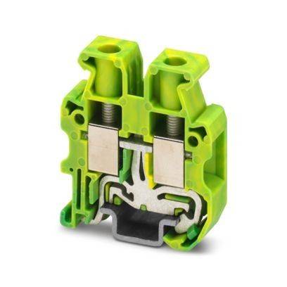 Ein gelbes und grünes Klemmleistengehäuse mit sichtbaren internen Komponenten, mit sichtbaren Metallteilen und Kunststoffisolierung, entwickelt für elektrische Verbindungen.