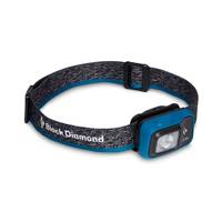 Blau-schwarze verstellbare Stirnlampe mit elastischem Kopfband, gezeigt auf weißem Hintergrund.