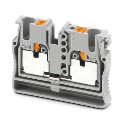 Ein grauer Elektroklemmenblock mit orangefarbenen Hebeln und mehreren Anschlußpunkten zum Verbinden von Leitungen.