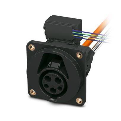 Ein schwarzer mehrpoliger runder Elektrostecker mit angebrachten farbigen Drähten, verwendet für sichere elektrische und Signalverbindungen.