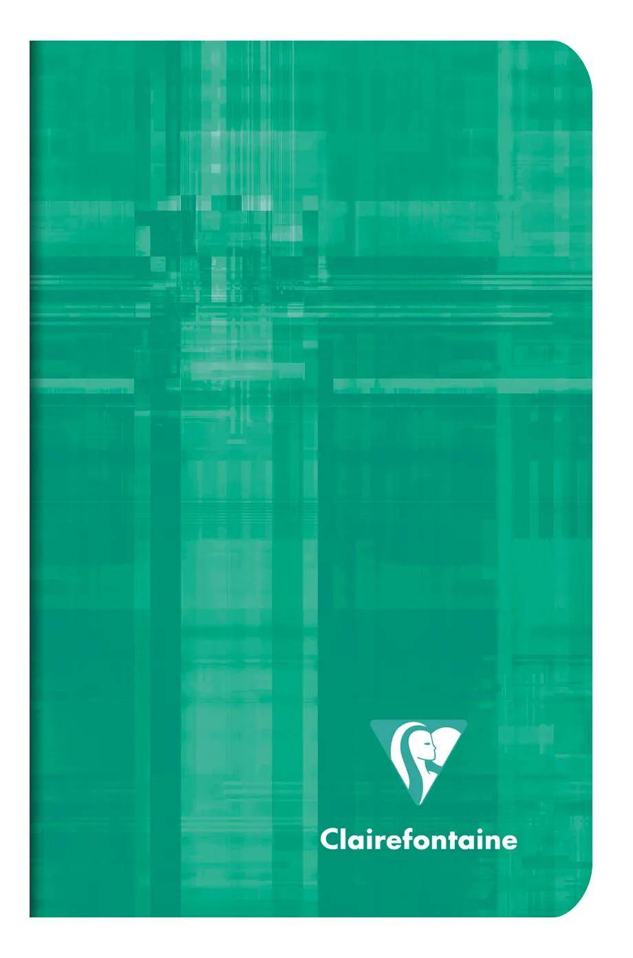 Grüner Clairefontaine-Notizbucheinband mit abstraktem geometrischem Muster und Logo in der Nähe des unteren Randes.