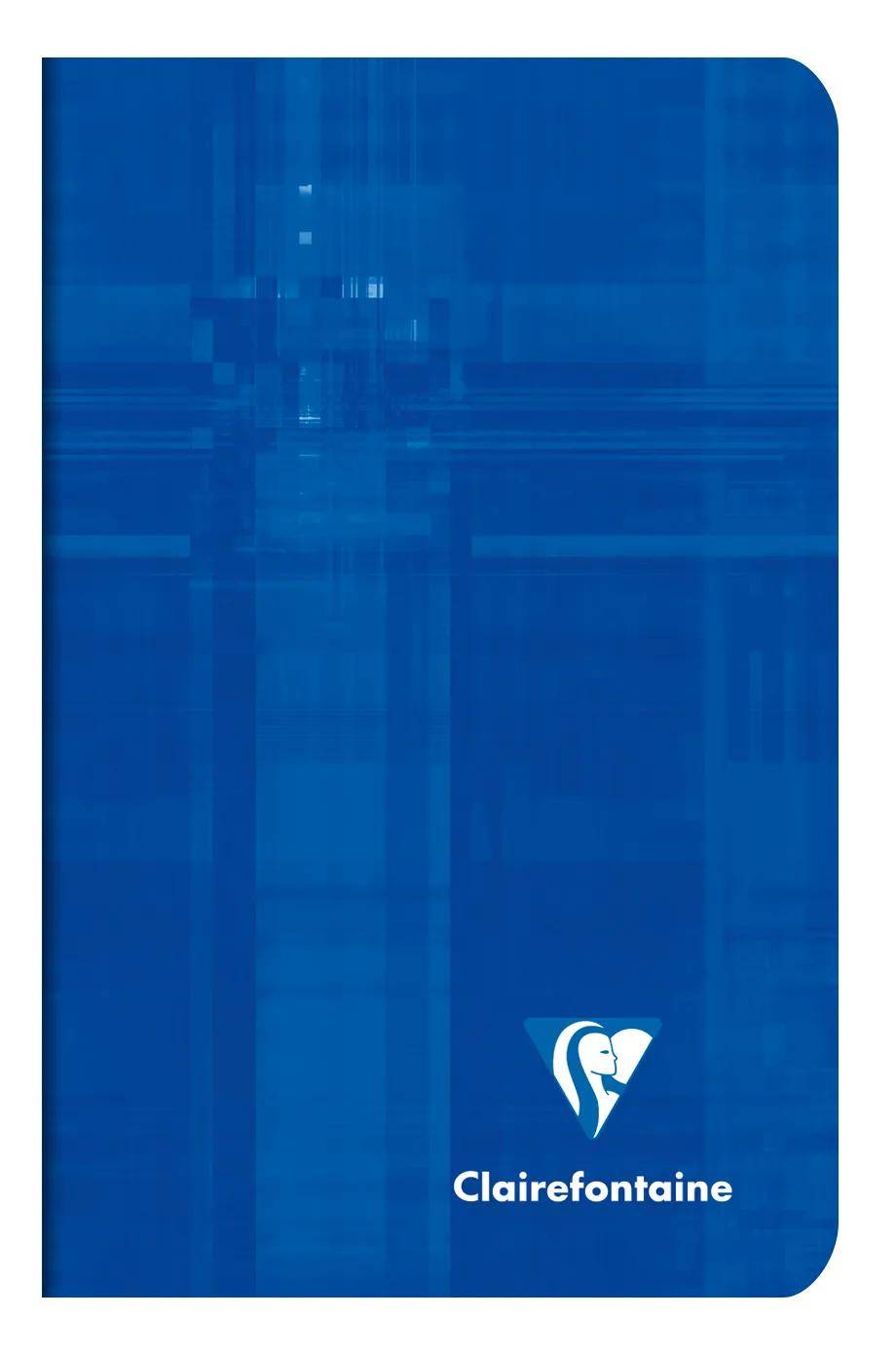 Blaues Clairefontaine-Notizbuch mit weißem Logo und Markenname in der Nähe der unteren rechten Ecke.