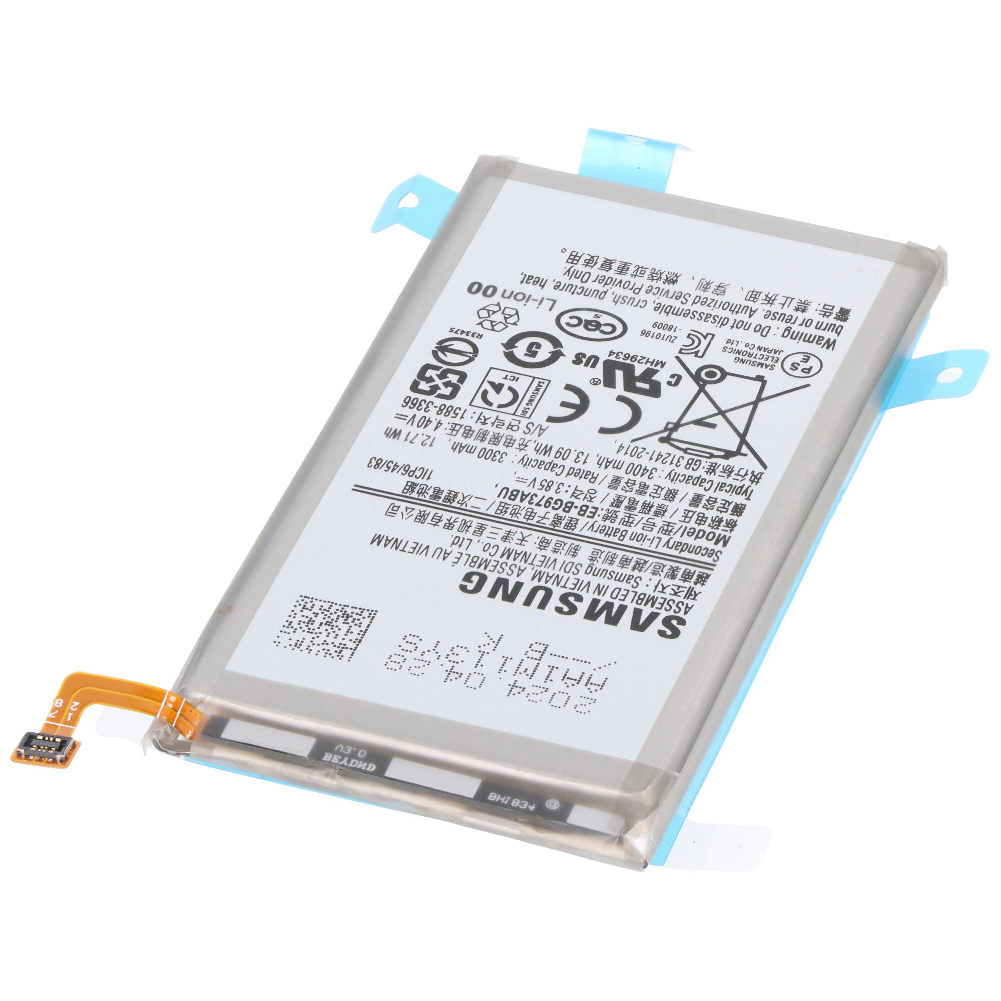 Samsung-Lithium-Ionen-Akkupack mit Schutzgehäuse und angebrachtem Verbindungsband, gezeigt auf weißem Hintergrund.