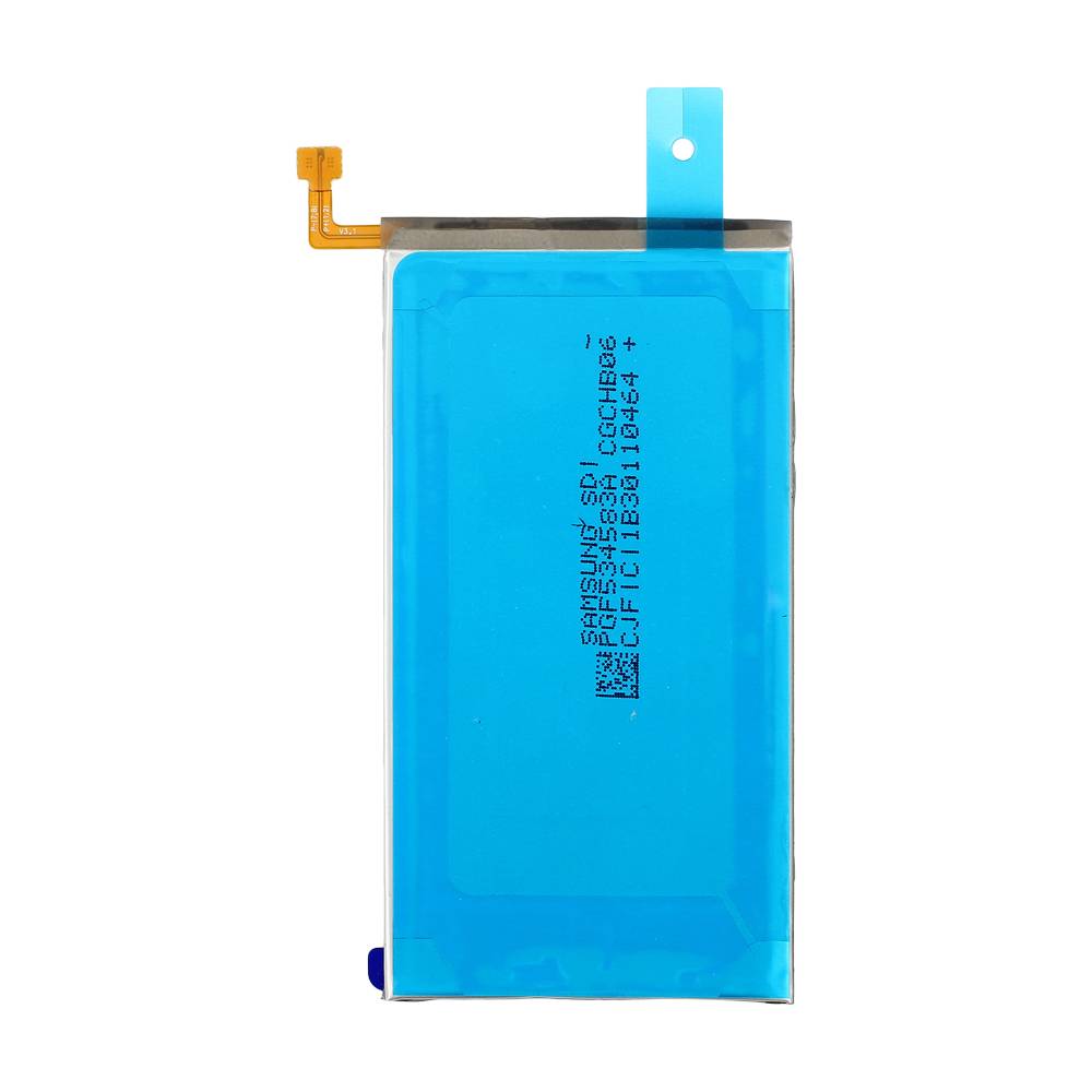 Blaues Lithium-Ionen-Smartphone-Akku-Set mit orangefarbener Anschlusslasche und gedrucktem Etikett auf weißem Hintergrund.