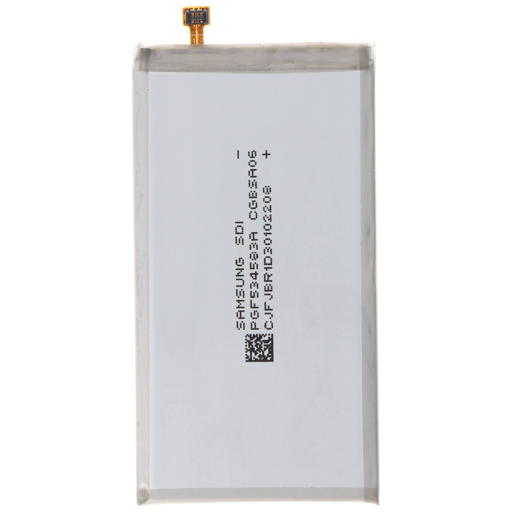 Ein flaches silbernes Samsung-Lithium-Ionen-Handyakku mit einer kleinen Anschlusslasche und aufgedrucktem Modelltext auf der Vorderseite.