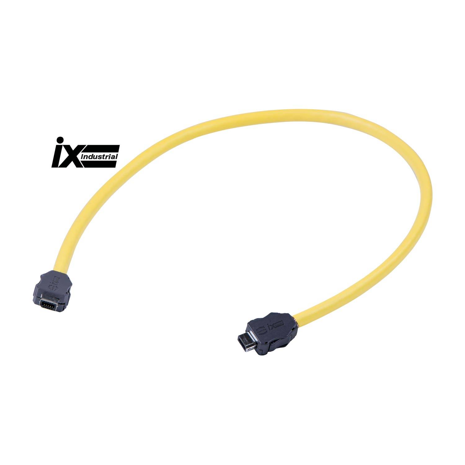 Ein gelbes iX Industrial Ethernet-Kabel mit schwarzen Steckern an beiden Enden, auf weißem Hintergrund präsentiert.