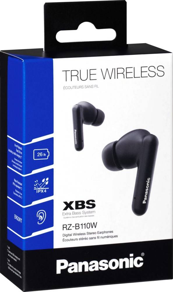 Panasonic True Wireless Earbuds-Verpackung mit Bild von schwarzen Earbuds. Highlights sind '26h Akkulaufzeit' und 'IPX4 Wasserdichtigkeit'. Modell: 'RZ-B110W'.