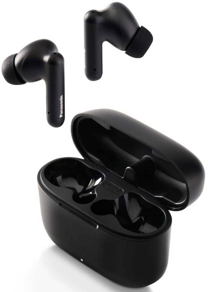 Schwarze kabellose Kopfhörer mit geöffnetem Ladeetui, wobei die Einschubfächer für die Kopfhörer sichtbar sind. Der Markenname ist auf den Kopfhörern zu erkennen.