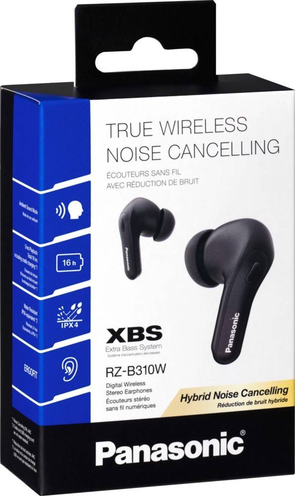 Bild von Panasonics True-Wireless-Noise-Cancelling-Stereo-Ohrhörern, Modell RZ-B310W, mit IPX4-Zertifizierung und Extra-Bass-System.