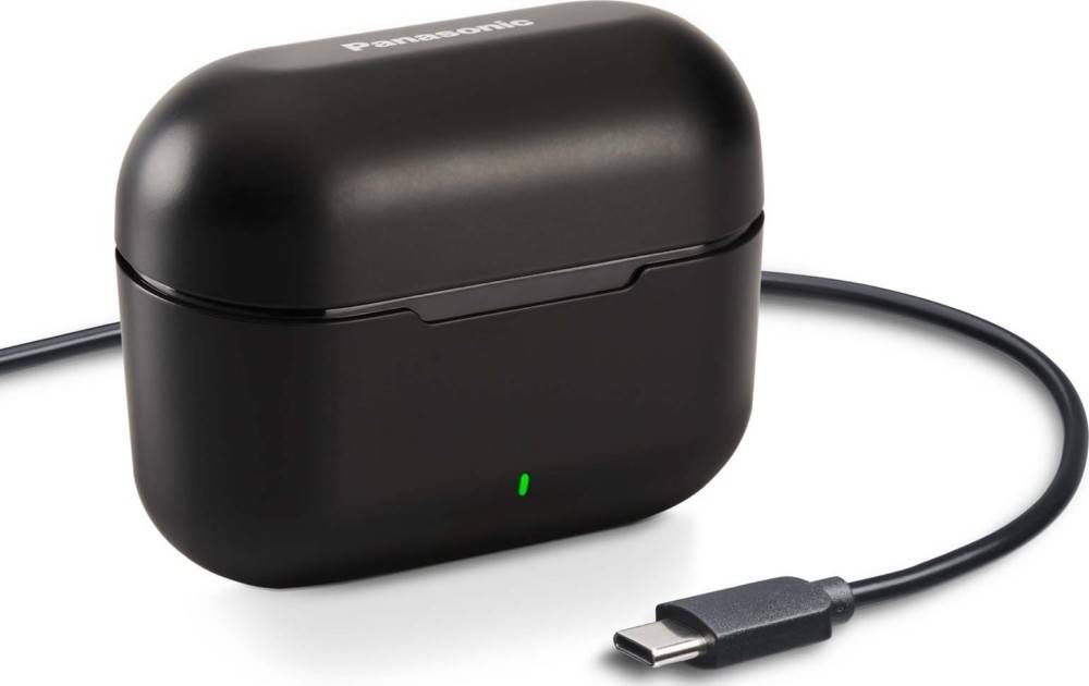 Ein schwarzes Wireless-Earphones-Etui mit grünem Ladeindikator, mit der Marke 'Panasonic', neben einem USB-C-Kabel auf weißem Hintergrund.