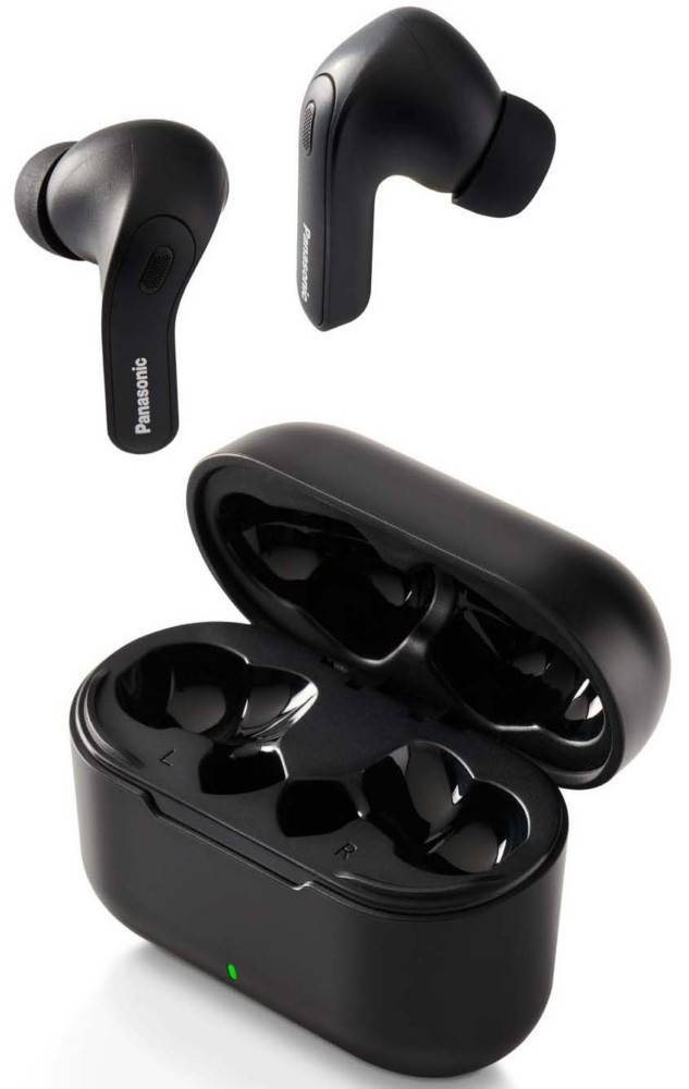 Schwarze Panasonic-Ohrhörer mit Ladeetui, mit hervorgehobenen L- und R-Indikatoren für linken und rechten Ohrhörer.