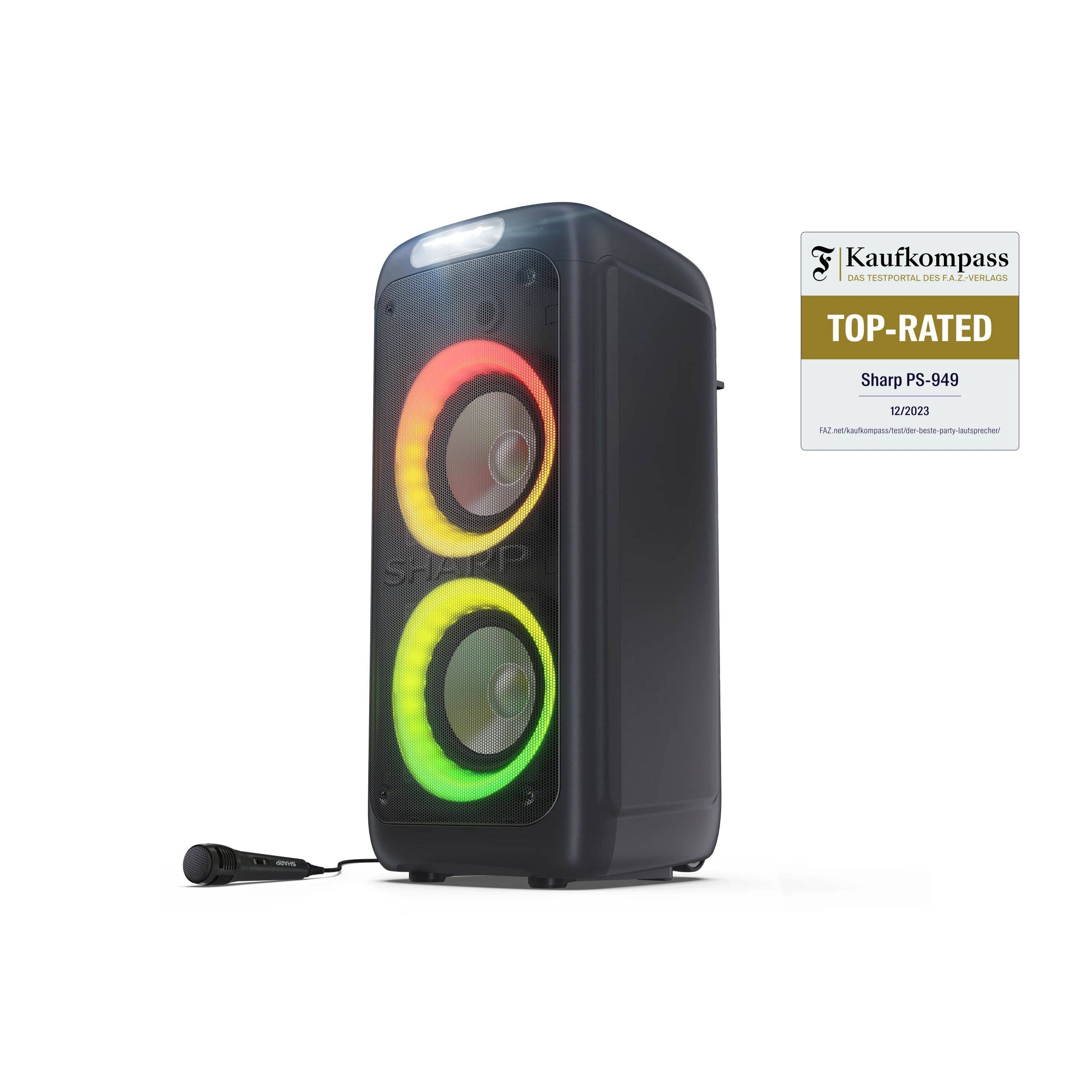 SHARP PS-949 – Party Lautsprecher 200W mit Bluetooth, Disco-Lichtern & DJ-Effekten – Mikrofon-/Gitarren-Eingänge, USB